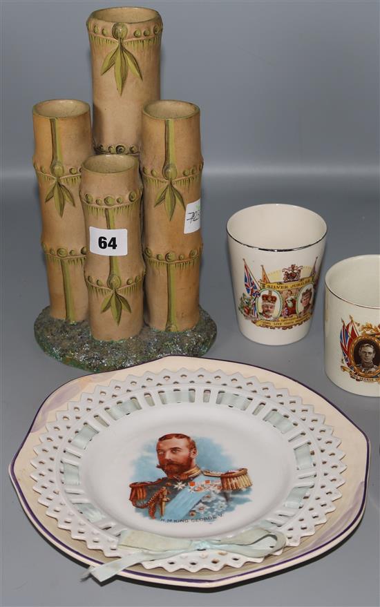 Wedgwood cluster column bamboo spill vase and four pieces of Coronation ware